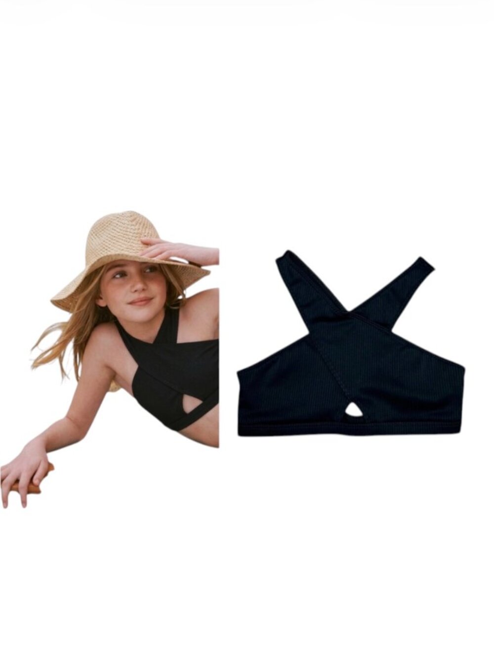 Abercrombie Kids Girls Size 11/12 Large Swim Top Black Ribbed Cross Halter